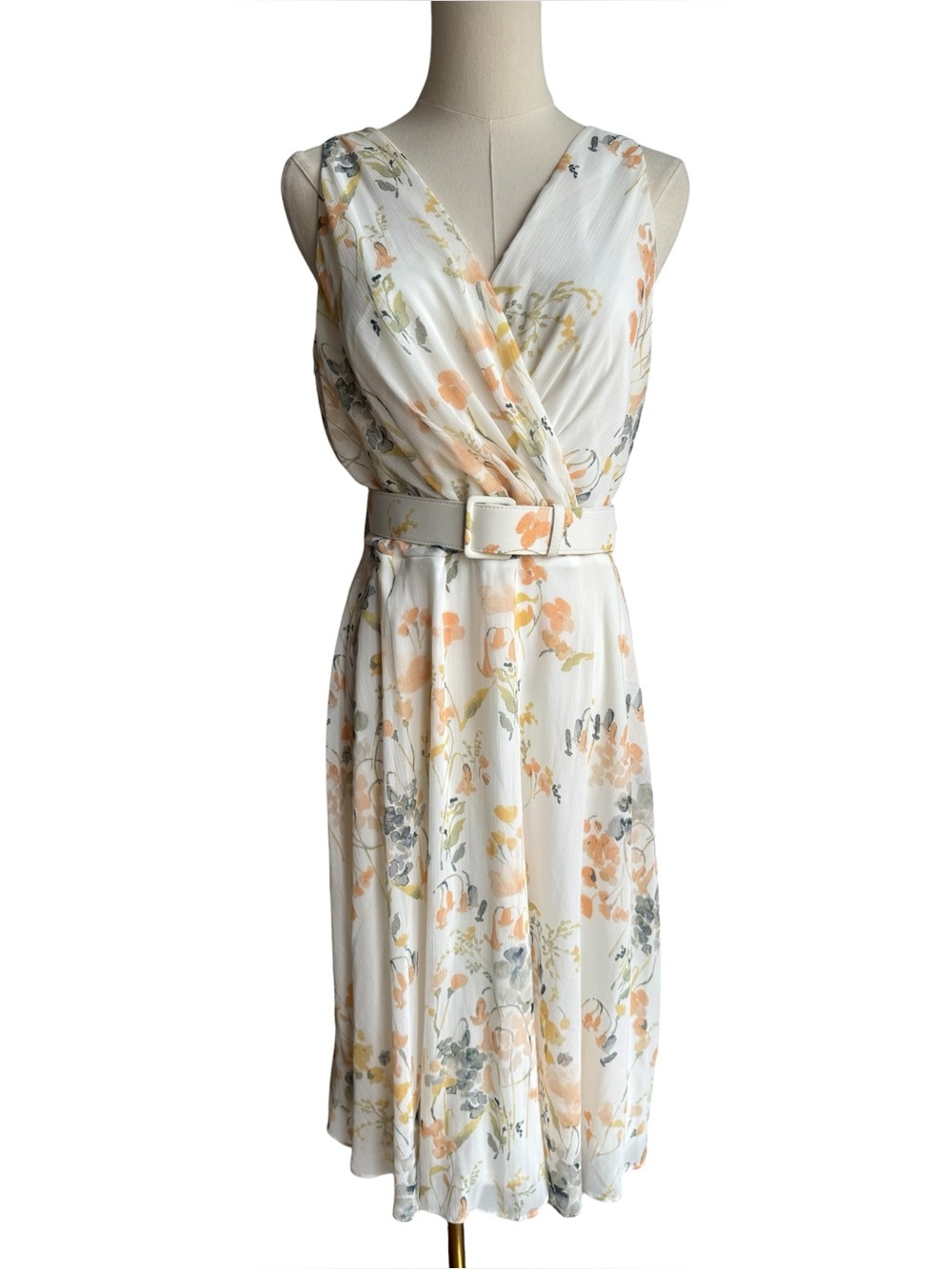Lauren Ralph Lauren Feminine Floral Midi Dress 10 Cream Wrap Belted Sleeveless